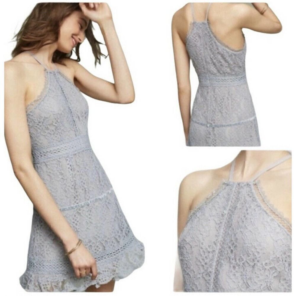 Anthropologie foxie dox blue lace halter mini dress size medium petite